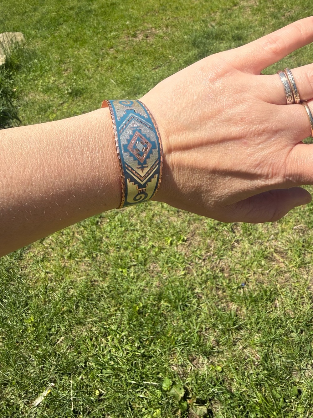 Boho Aztec Pattern Copper Cuff Bracelet - Teal & Gold